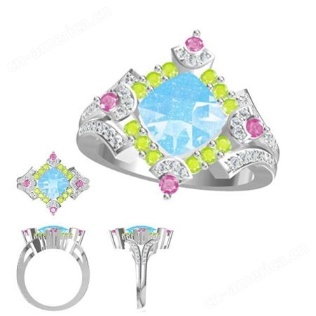 私人3D绘图设计订购流行银镶嵌蓝色水晶石戒指东莞珠宝厂在线接单