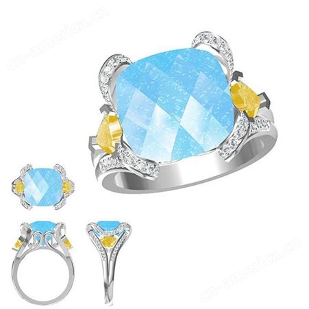 私人3D绘图设计订购流行银镶嵌蓝色水晶石戒指东莞珠宝厂在线接单